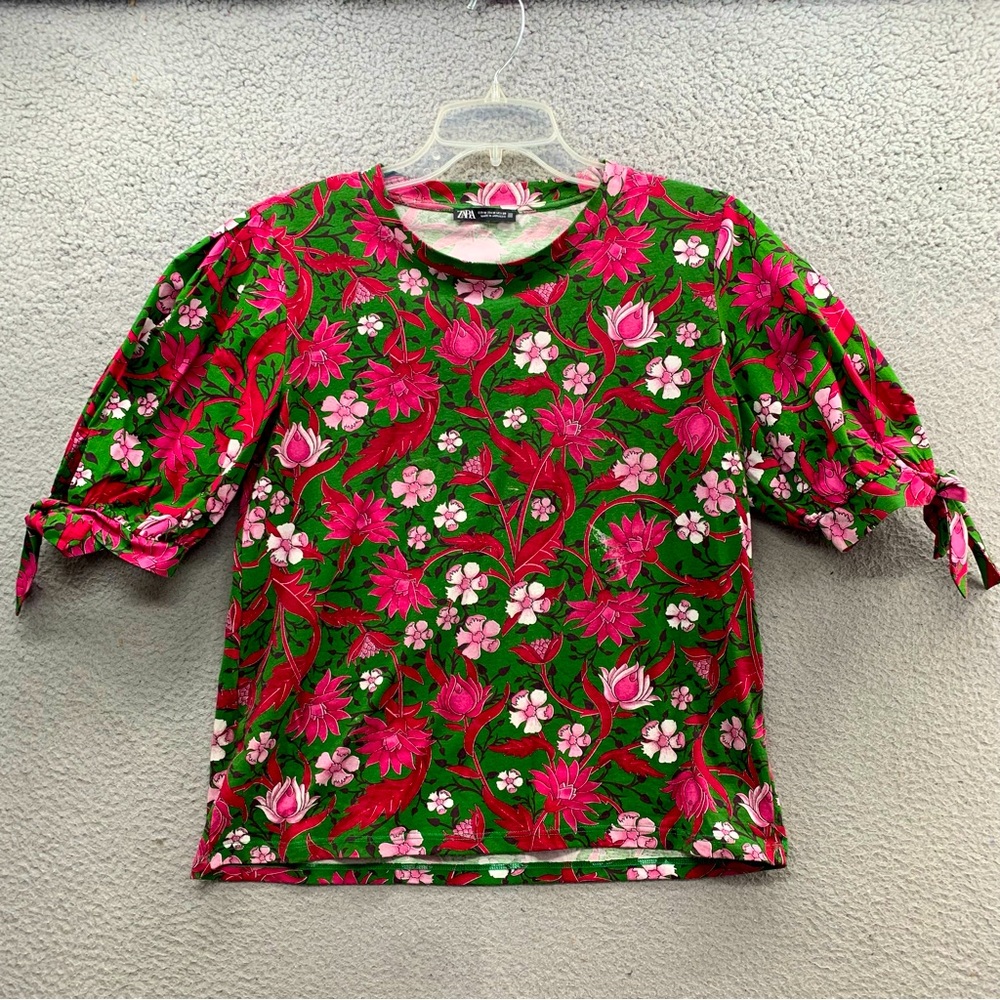 ZARA Women's M Pink Green Floral Puff Tie Sleeve Blouse Top Boho Peasant Shirt